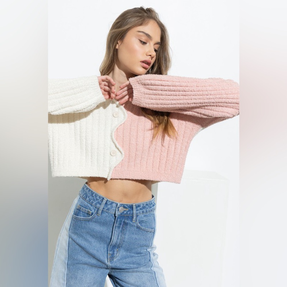 Colorblock Soft Button Down Cropped Cardigan - image 3